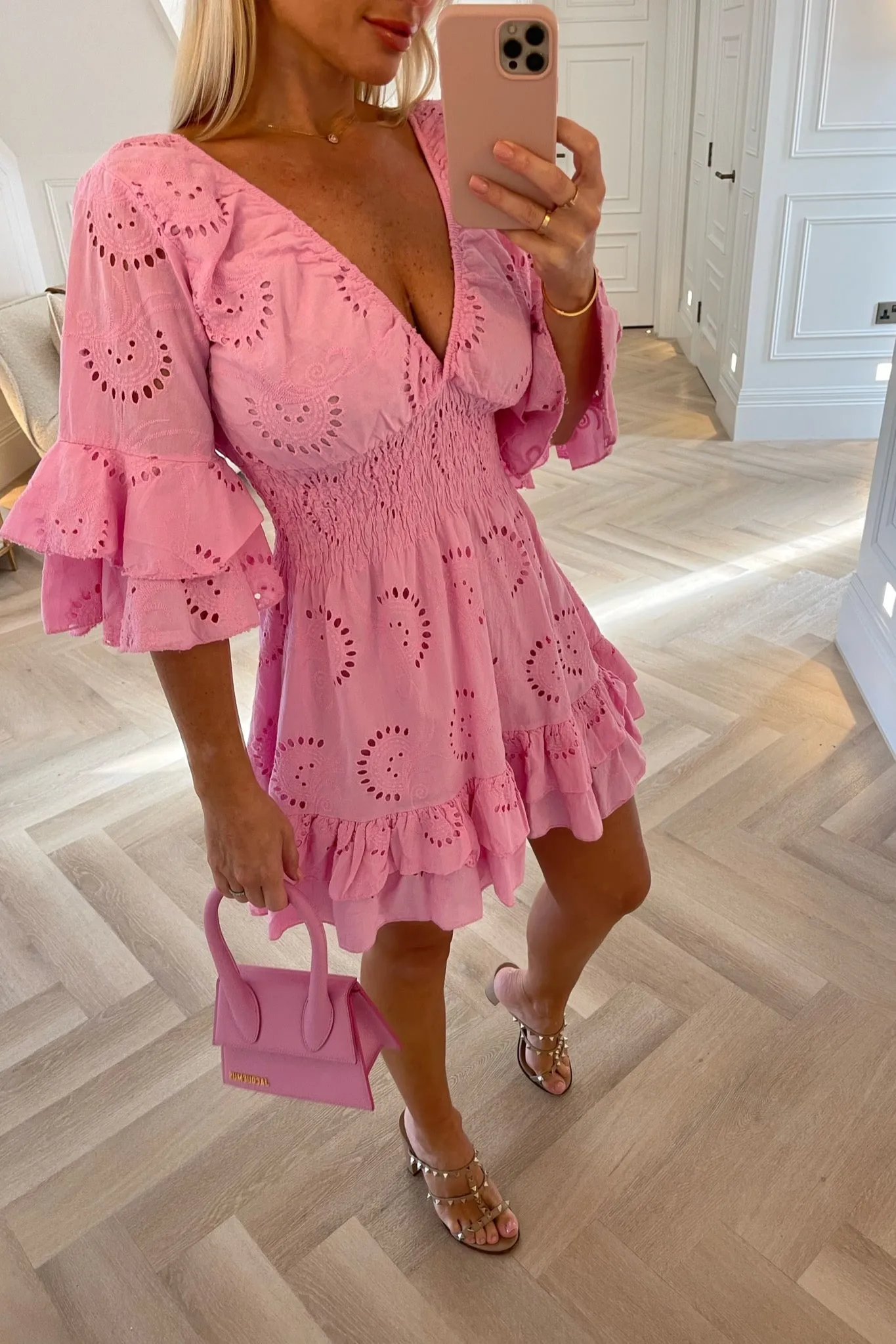 RUFFLE SLEEVE PINK COTTON MINI DRESS