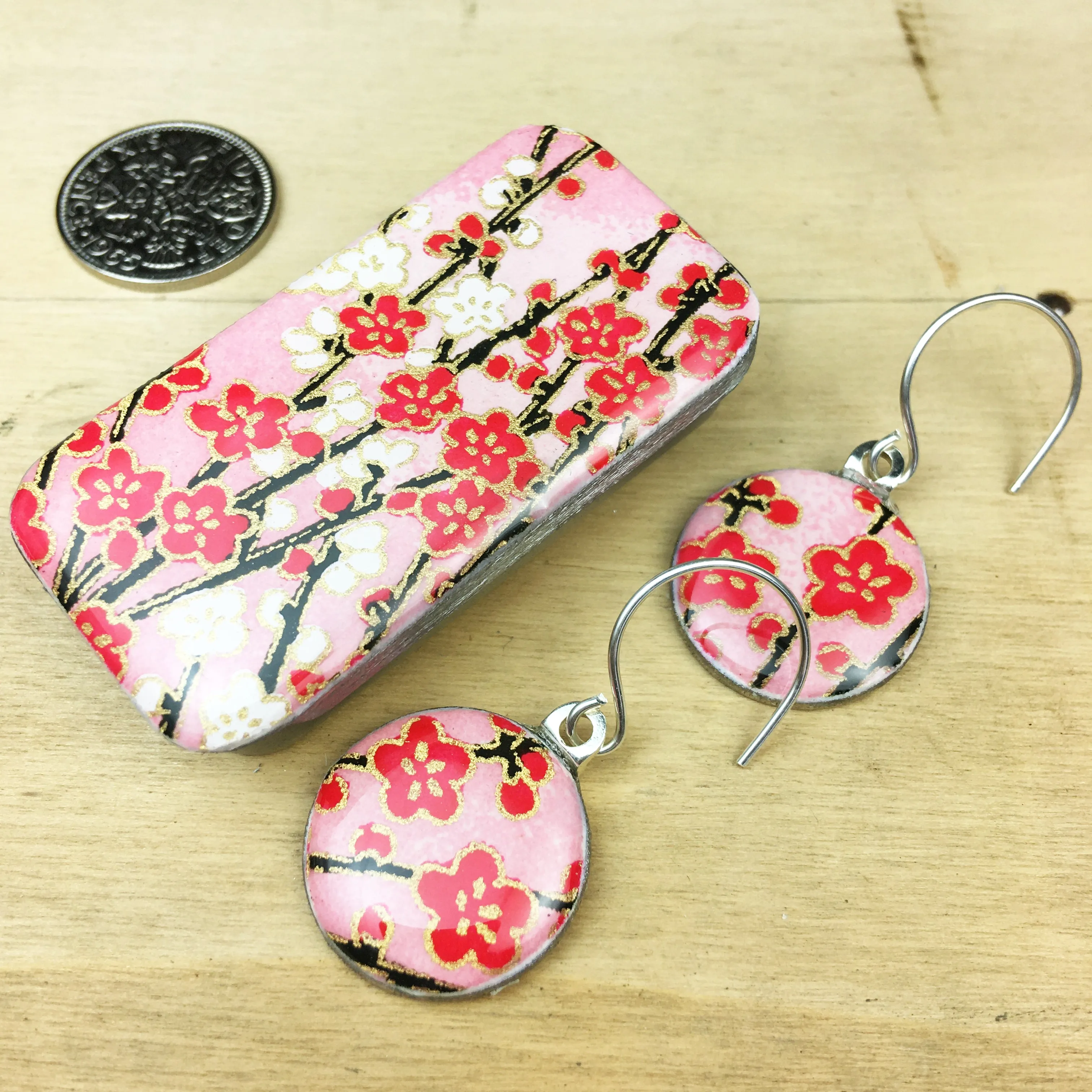 Sixpence Earrings and Teeny Tiny Tin Sunset Pink Blossom