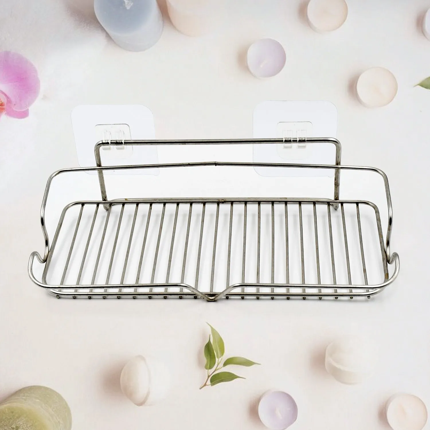 Stainless Steel Kitchen Bathroom Shower Shelf Storage Suction Basket Rack With 2 Hook (1 Pc)