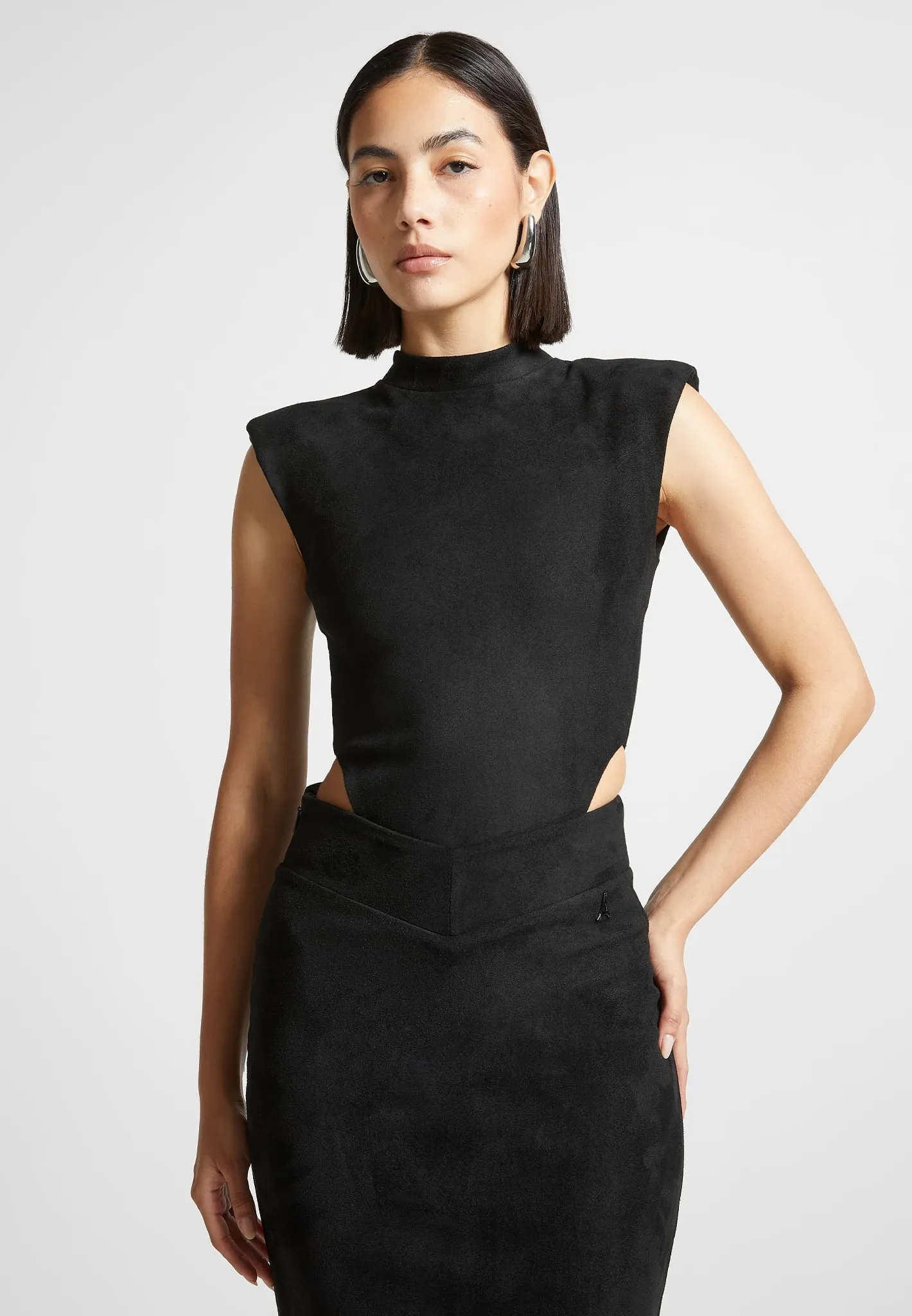 Suede Wide Shoulder Bodysuit - Black