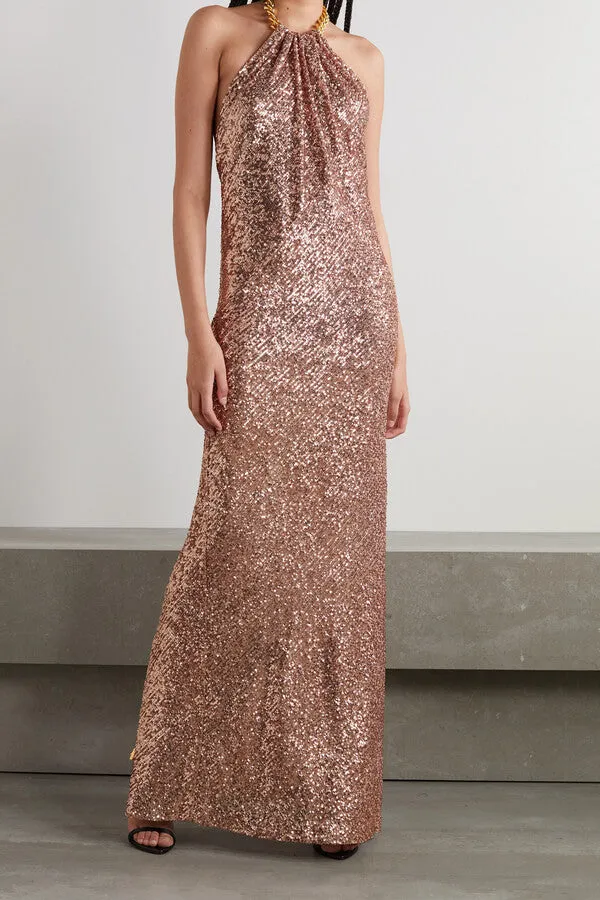 Tom Ford Embellished sequined tulle halterneck gown