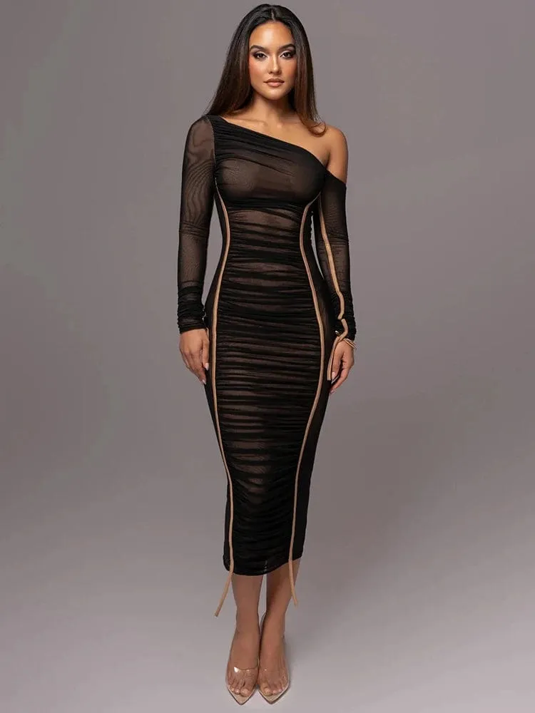 Women's Elegant Diagonal Collar Long Sleeve Midi Dress: Mesh Two-Layer Backless Ruched Bodycon