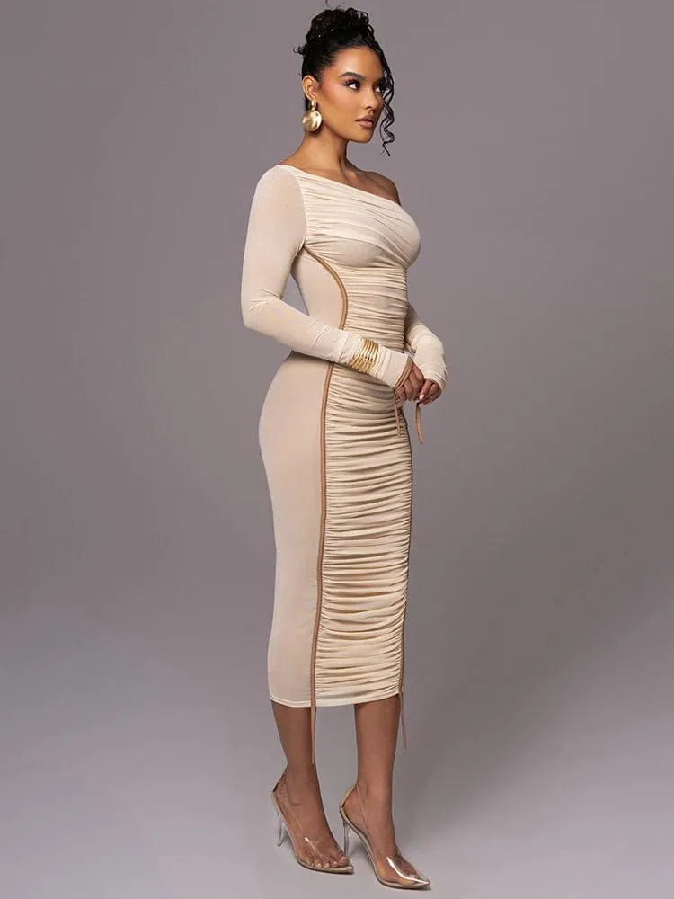 Women's Elegant Diagonal Collar Long Sleeve Midi Dress: Mesh Two-Layer Backless Ruched Bodycon