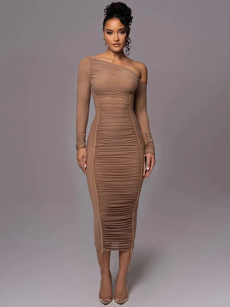 Women's Elegant Diagonal Collar Long Sleeve Midi Dress: Mesh Two-Layer Backless Ruched Bodycon